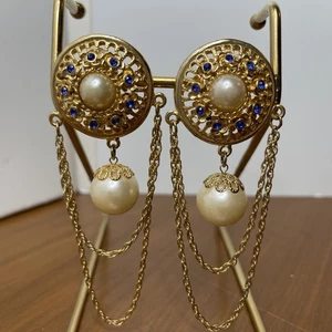 Vintage Tassel Earrings Faux Pearls 80s Statement Dangle Earrings Bold Retro - Picture 1 of 24