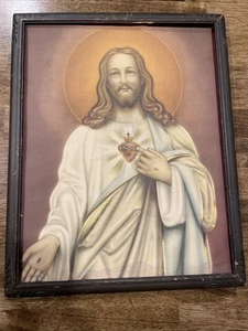 Antique Jesus Print Sacred Heart Wood Frame VTG 12 Inch By 15 Inch No Glass - Picture 1 of 8