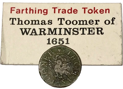 1651 Wiltshire WARMINSTER hammered FARTHING token THOMAS TOOMER dove olive branc - Image 1 of 4