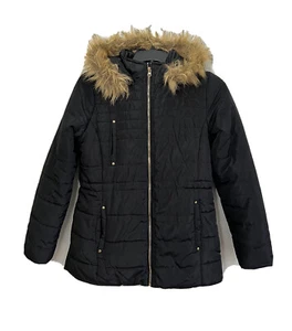 Beverly Hills Polo Club Womens Puffer Coat Faux Fur Trim Hood Black Zip Size L - Picture 1 of 11