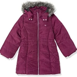 Calvin Klein Aerial Hooded Jacket Redberry Full Zip Faux Fur-Girl Size 5/6 - Picture 1 of 6