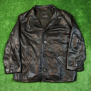 Vintage Guess Leather Jacket Adult XL Black Lined 3-in-1 Button Outdoors Men 90s - Picture 1 of 20
