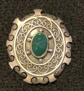 TAXCO 925 SILBER BROSCHE/ANSTECKNADEL/ANHÄNGER MEXIKO GRÜNER STEIN GEMARKT - Bild 1 von 5
