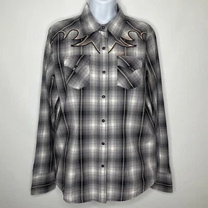 Cruel Girl Gray Black Plaid Embroidered Pearl Snap Western Shirt Size L - Picture 1 of 8