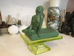 Antique Art Nouveau Statue Card Tray Nude Matte Green Rare Marx Creations NYC - Picture 1 of 12