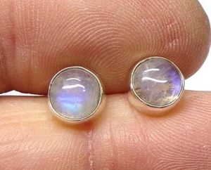 Handmade 925 Sterling Silver 8mm Round Rainbow Moonstone Stud Earrings Gift Bag - Picture 1 of 6