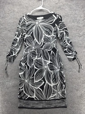 Maggy London Petites Dress Womens 6P Black White Floral Sheath Ruched Sleeves - Image 1 of 4