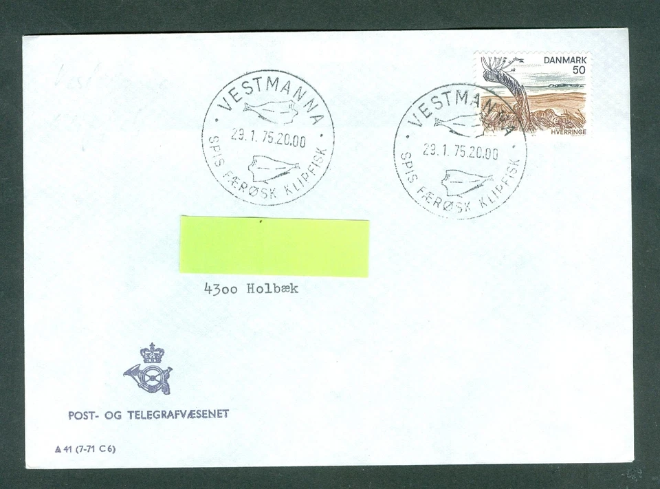 Фарерские острова. Дания. 1975. Обложка датской марки последнего дня. Vestmanna. Sc #553. - Изображение 1 из 1