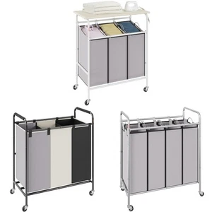 Laundry Sorter Cart 4/3-Section Rolling with Removable Bags Ironing Board - Picture 1 of 38
