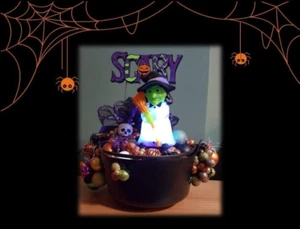 Halloween "SCARY" Witch Cauldron, Table Top Bubbling Black Cauldron Centerpiece - Picture 1 of 11