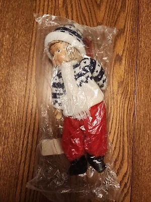 Ski Doll Knit Fair Isle Sweater + Hat Wood Skis Scandinavia Soft Body Porcelain  - Image 1 of 4