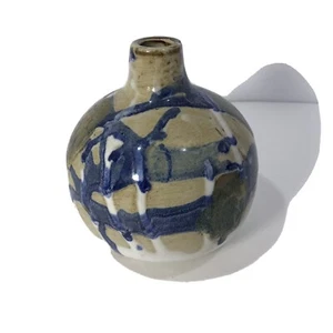 Hand Made Signed Art Pottery 6” Round Bud Vase in Blues & Beige - Picture 1 of 8