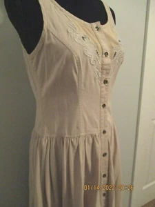 Vtg 1980 Long Cotton Khaki Dress Sleeveless Drop wst CottageCore Embroidery 8 10 - Picture 1 of 7