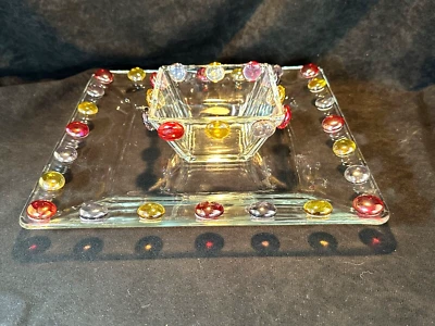 Juego de servir astillas y salsas de vidrio artístico transparente cuadrado MCM con puntos con cuentas multicolores Foto 1 de 4