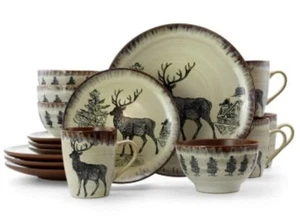 Cabin Dinnerware Dish Set 16Piece Elk Design with Warm Taupe and Brown Accents - Picture 1 of 8