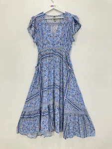 Jaase Maxi Dress 16 Blue Floral Shirred Elastic Waist Crochet Detail Button Up - Picture 1 of 15