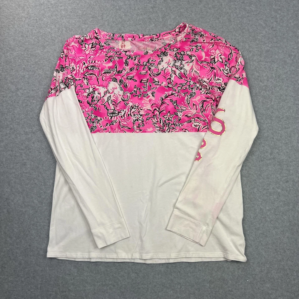 Camisa Lilly Pulitzer Mujer Mediana Rosa Estampado Blanco Manga Larga Logo Camiseta Cinta Foto 1 de 4