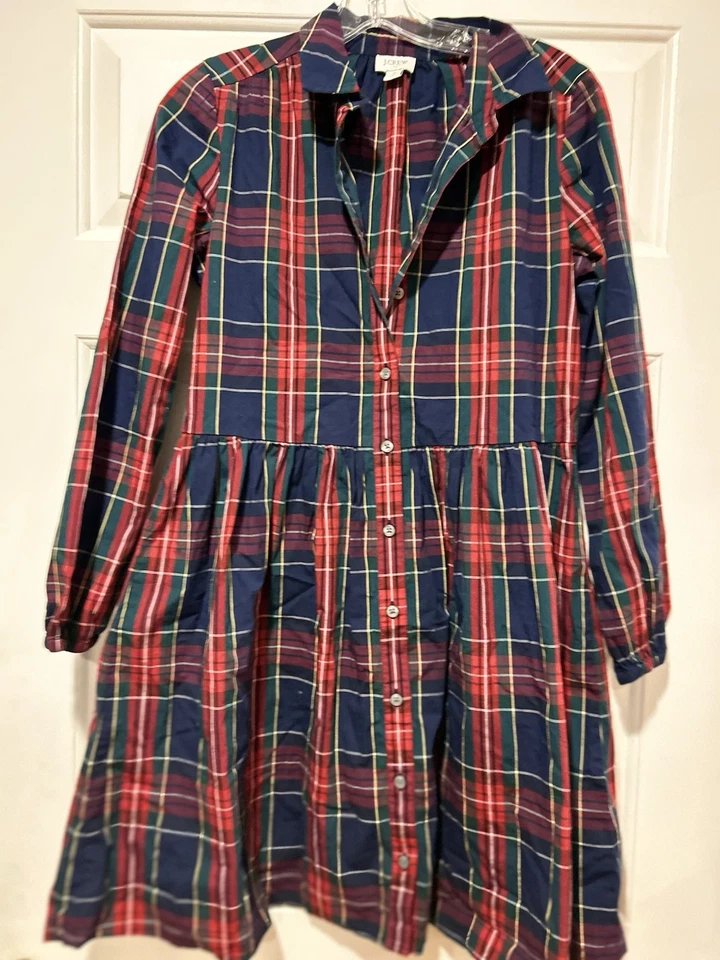 J Crew Factory Ruffle Mock Neck Stewart Tartan Plaid Tie Waist Shirt Dress Sz 2 - Image 1 of 4
