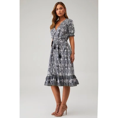 Vestido Cleobella Shiva Midi Tripura Estampado en Bloque Gris Blanco Bolsillos en V Boho Grande Foto 1 de 4