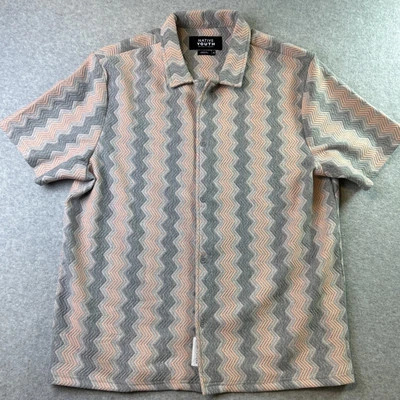 Native Youth Mens XL Button Front Short Sleeve Textured Shirt Pink Gray Chevrons - Image 1 of 4