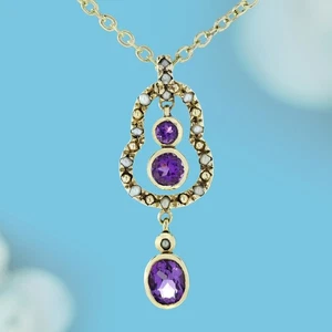 9K Yellow Gold Natural Amethyst and Pearl Vintage Style Pendant - Picture 1 of 10