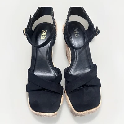 "Zapatos de plataforma Zara para mujer cuñas 4,5"" negro beige correa talla 7,5" Foto 1 de 4