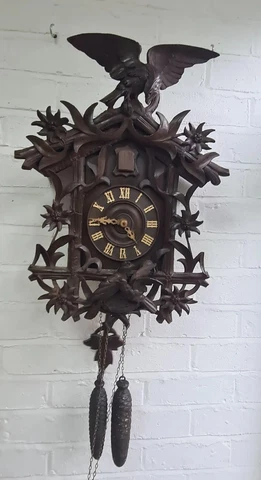 German Black Forest Carved Cuckoo Clock Large Lyre Brass movement Cover