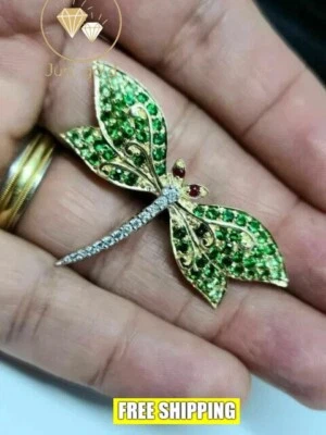 Broche prendedor único libélula 3,0 quilates redondo simulado esmeralda chapado en oro amarillo de 14 quilates Foto 1 de 4