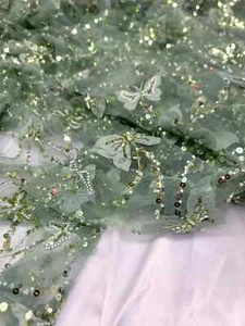 "**Sage 3D Butterfly Lace Fabric with Sequin Embroidery for Elegant Dresses** - Picture 1 of 12
