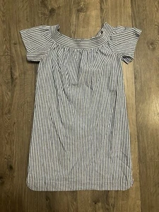 J Crew Off The Shoulder Dress Size 4 Short Sleeve Striped Linen Blend Blue White - Picture 1 of 11
