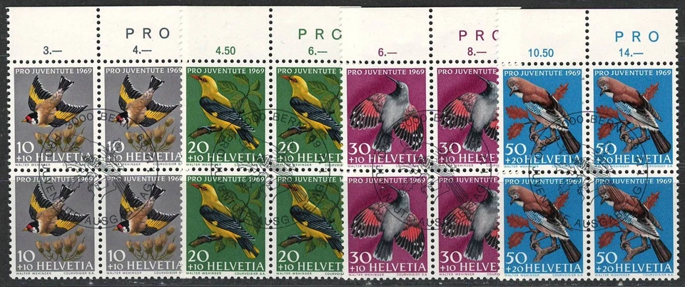 SWITZERLAND 1969  VF NH Precancel 4 x Blocks of 4 Stamps Scott # B386-B389 Birds - Image 1 of 1