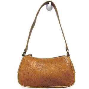 Vintage Nine West Floral Embossed Tan Leather Bagette Purse Cognac Small Bag 