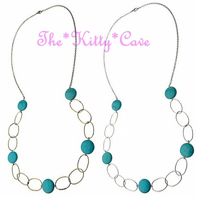 Bruciato Opaco Metallo Affliggere Ovale Maglie lungo Turchese Ciottoli Etnico - Immagine 1 di 1