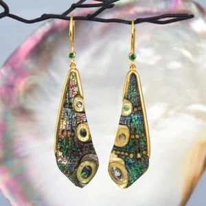 Dragonfly Wing Earrings Abalone Carving Gold Vermeil Sterling Emerald 5.88 g - Picture 1 of 12