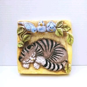 Stone Bunny Telle M Stein Sleeping Kitty Blue Birds 0390 Wall Plaque 2003 8" - Picture 1 of 14