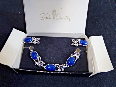 Sarah Coventry Silver Tone & Blue Stone Leaf Link Bracelet & Clip On Earring Set - Image 1 of 4
