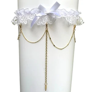 White Lace Elastic Women's Lingerie Leg Garter Belt W/ Gold Chain & Ohm Charm - Picture 1 of 7