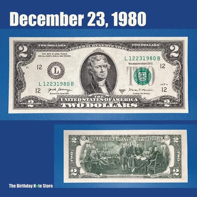 December 23, 1980 Birthday Anniversary $2 Two Dollar Bill Serial Number 12231980 - Image 1 of 2