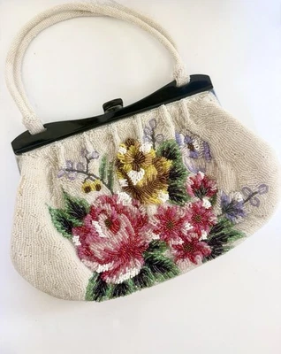 Cartera de noche vintage años 50 con cuentas floral acrílico asa superior bolso satinado Foto 1 de 4