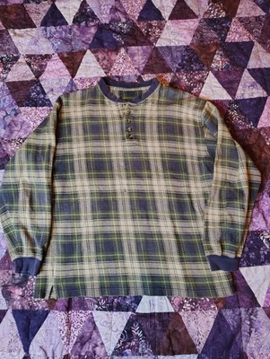 Sudadera De Colección Años 80’s Grandpa Henley Hombre’s L Verde Beige Cuadros Golf Foto 1 de 4