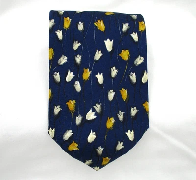 Corbata de diseñador italiana 100 % seda Allea Milano amarillo blanco tulipanes sobre azul 4" Foto 1 de 4