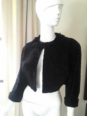 Vtg HATTIE CARNEGIE Broadtail Lamb Fur Bolero Crop Blazer Black Jacket sz XS S - Image 1 of 4