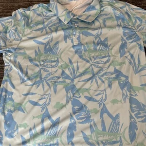 Golf Shirt Mens 2XL Polo Hawaiian Floral Leaf Print Light Blue Athleisure New - Picture 1 of 11