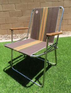 Vintage Zip Dee Brown Stripe Folding Lawn Chair Retro RV Airstream Wood MCM