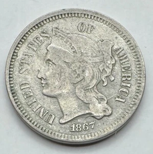 1867 US Three Cent Nickel Coin - 3C Piece - Civil War Date - No Reserve - Picture 1 of 4