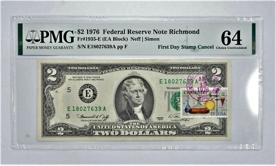 Rare PMG Grade 64 FR1935-E (EA Block) 1976 $2 Note Bill 1st Day Issue Stamp⭐579⭐ - Image 1 of 2