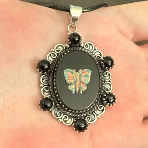 Southwestern Onyx And Opal Butterfly Cameo Oval Necklace Pendant Sterling Silver - Picture 1 of 5