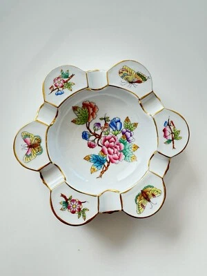 Herend Queen Victoria Ashtray or Snack Tray or bowl Floral and Butterfly  6" - Image 1 of 4