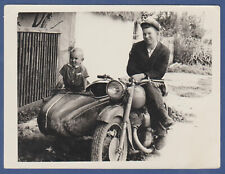 Handsome Man and Boy on an old motorcycle, cute kid Soviet Vintage Photo USSR