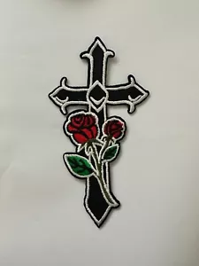 Chrome Heart with Rose Roses Cross Iron on Applique Patch - Picture 1 of 1